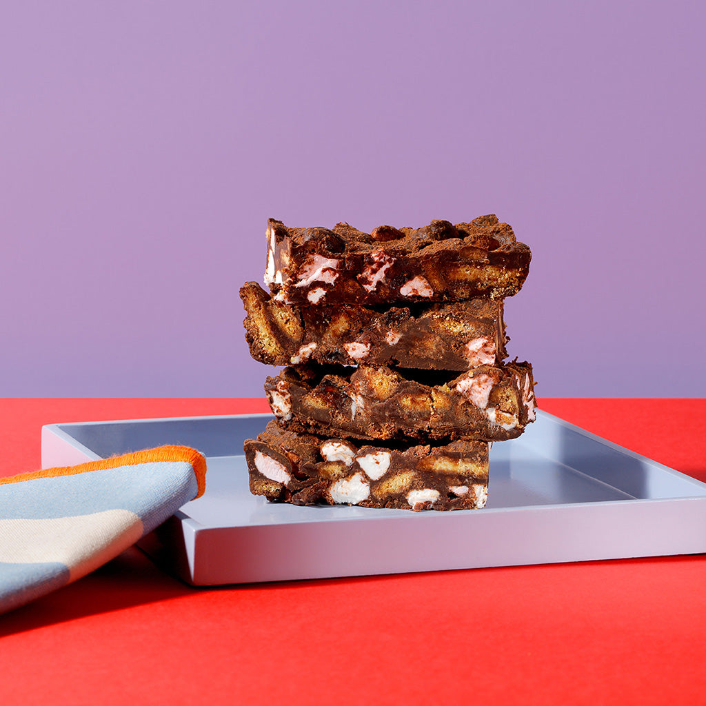 Three slices of Rocky Road stacked on top of one another - from our traybakes for coffeeshops range