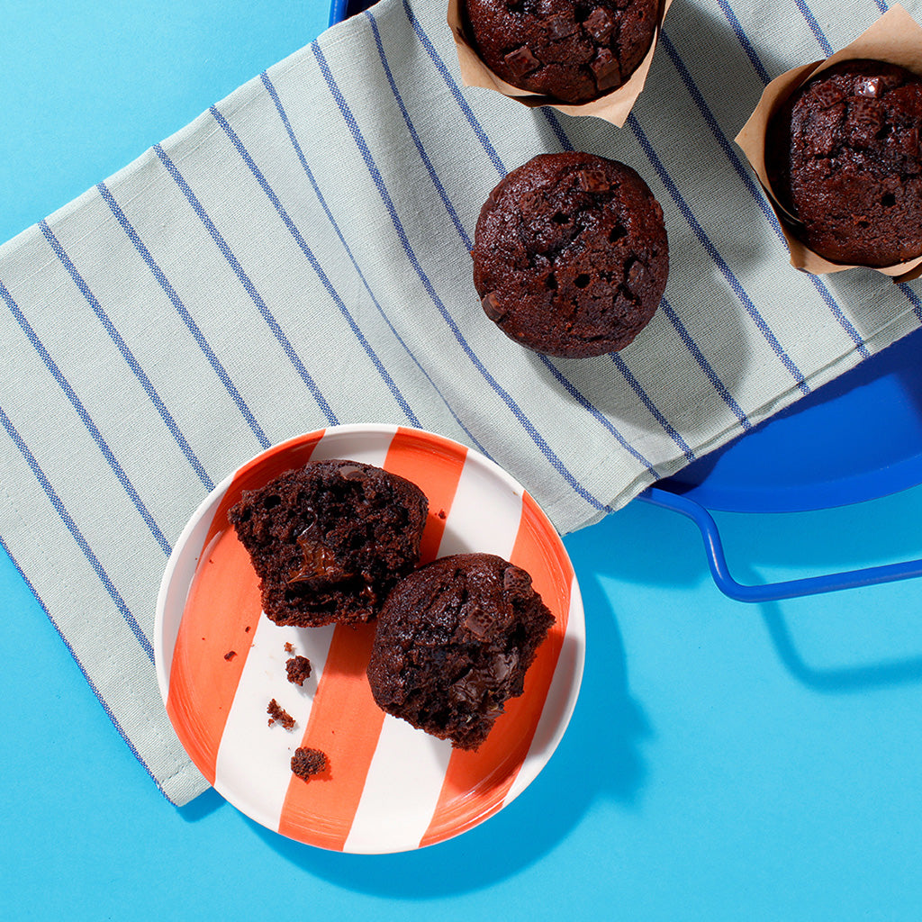 An overhead view of two of our Chocolate Muffins on a plate