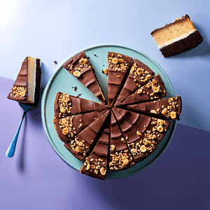 Top down view of Cake Club's Layered Praline Round Cake on a purple background
