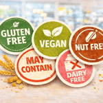Five food label badges overlapping on a blurry background with wheat and peanuts on the side.